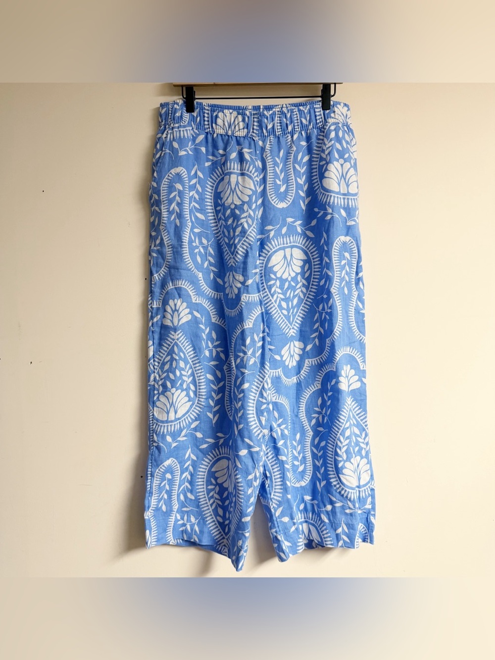 Joie Blue & White 100% Linen Floral Paisley Pants Size Large - Picture 2 of 6